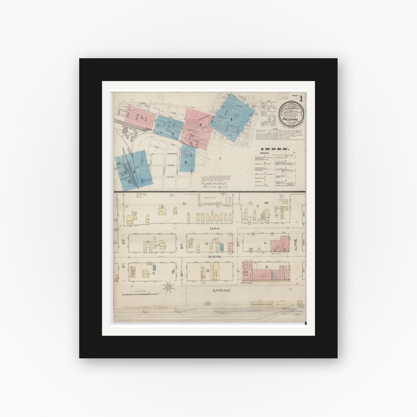 Old map wall art mockup — black gallery frame with white mat — Sanborn Fire Insurance Map from Palestine, Anderson County, Texas (1885), Sheet #0001