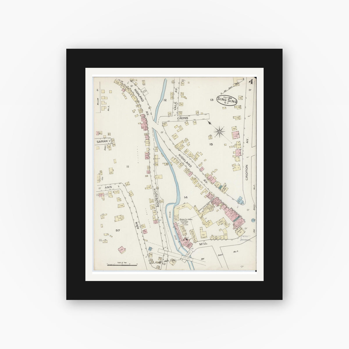 Old map wall art mockup — black gallery frame with white mat — Sanborn Fire Insurance Map from Sing Sing, Westchester County, New York (1886), Sheet #0004