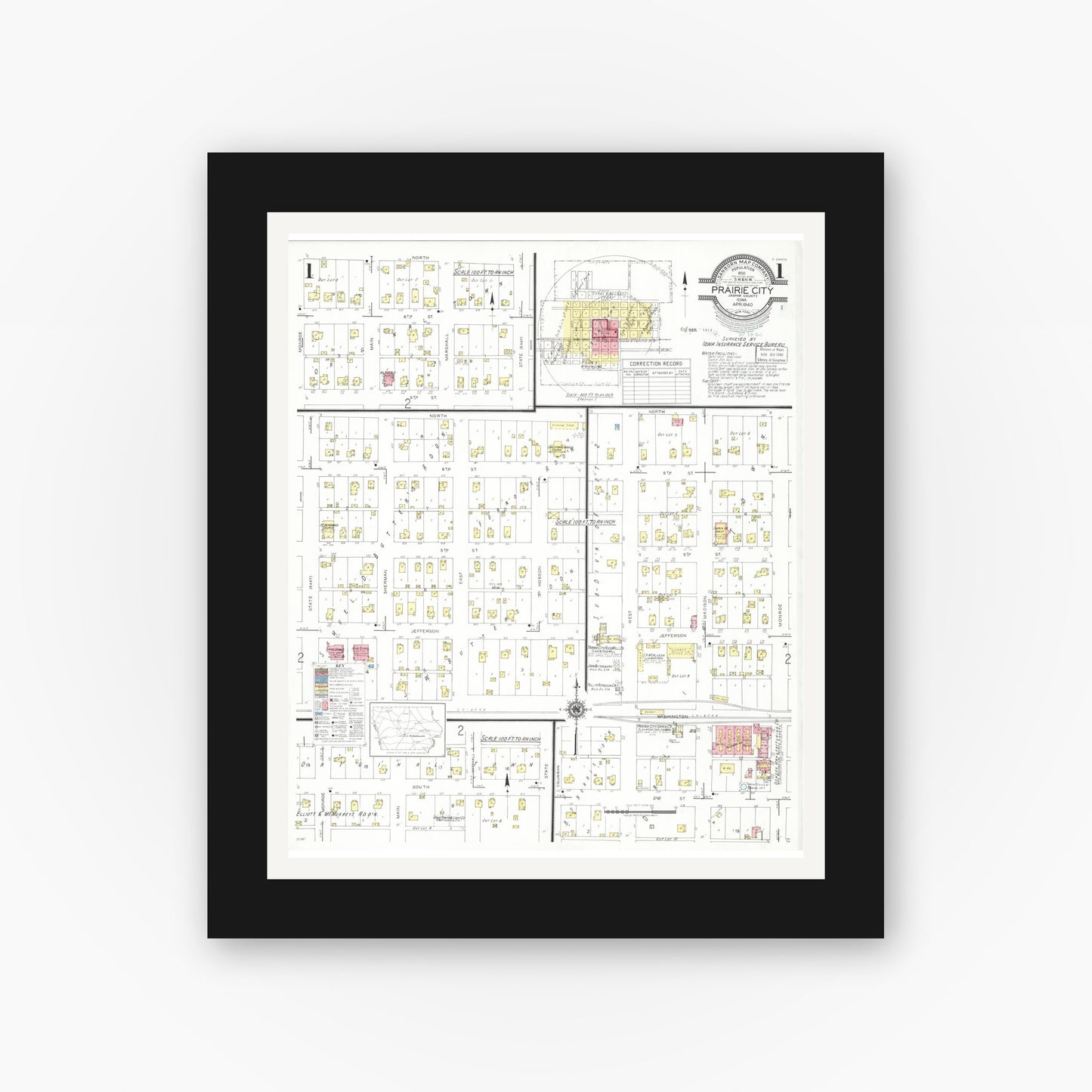 Old map wall art mockup — black gallery frame with white mat — Sanborn Fire Insurance Map from Prairie City, Jasper County, Iowa (1940), Sheet #0001
