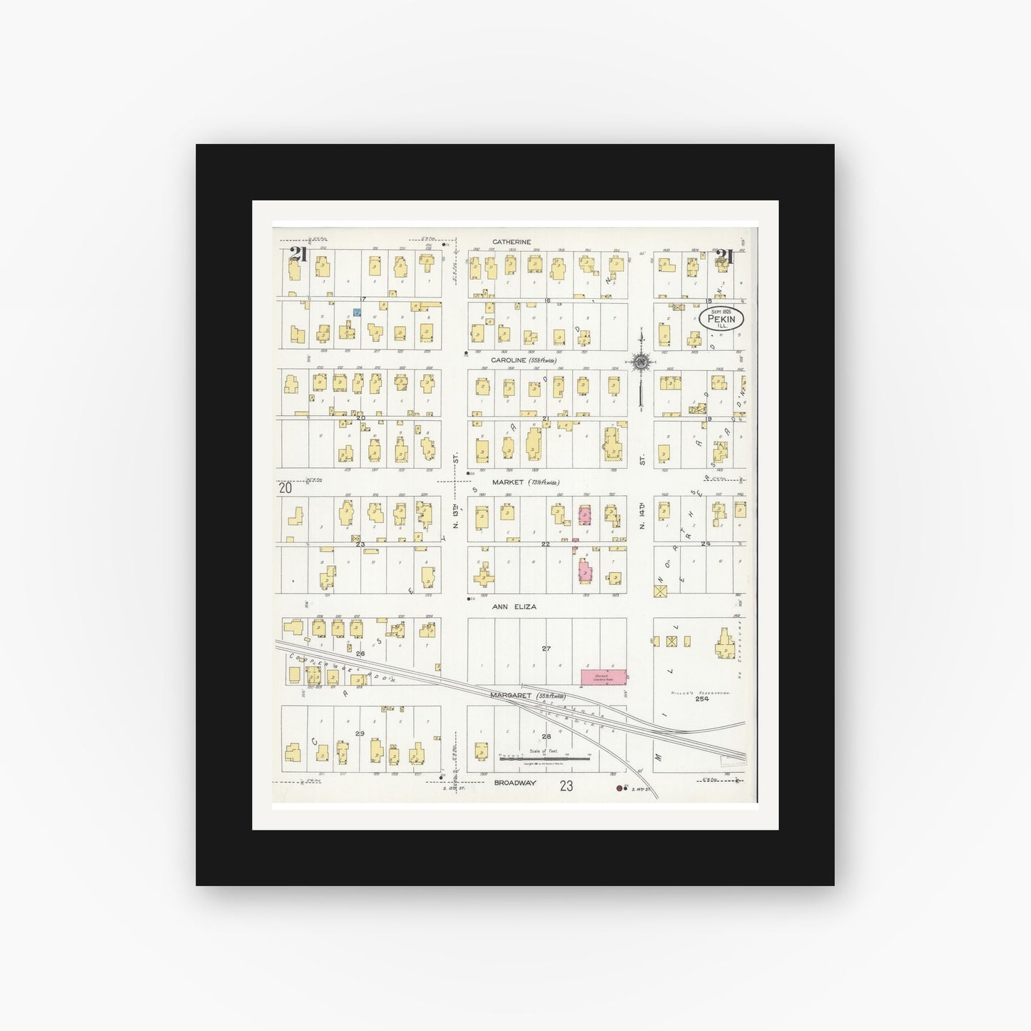 Old map wall art mockup — black gallery frame with white mat — Sanborn Fire Insurance Map from Pekin, Tazewell County, Illinois (1925), Sheet #0021