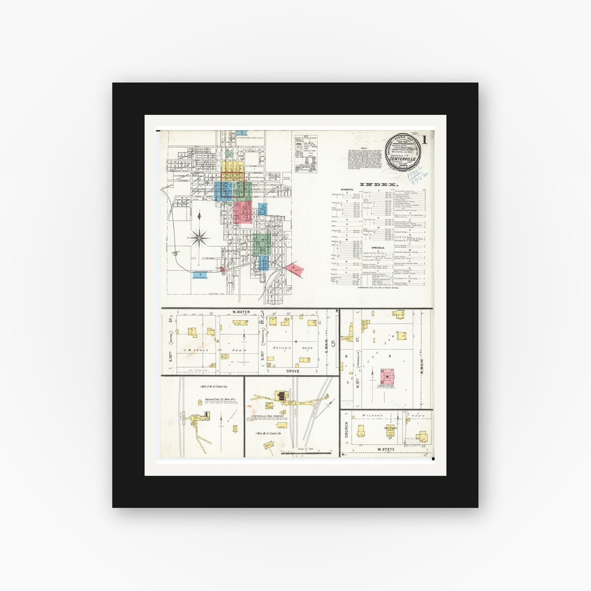 Old map wall art mockup — black gallery frame with white mat — Sanborn Fire Insurance Map from Centerville, Appanoose County, Iowa (1898) — Complete Set