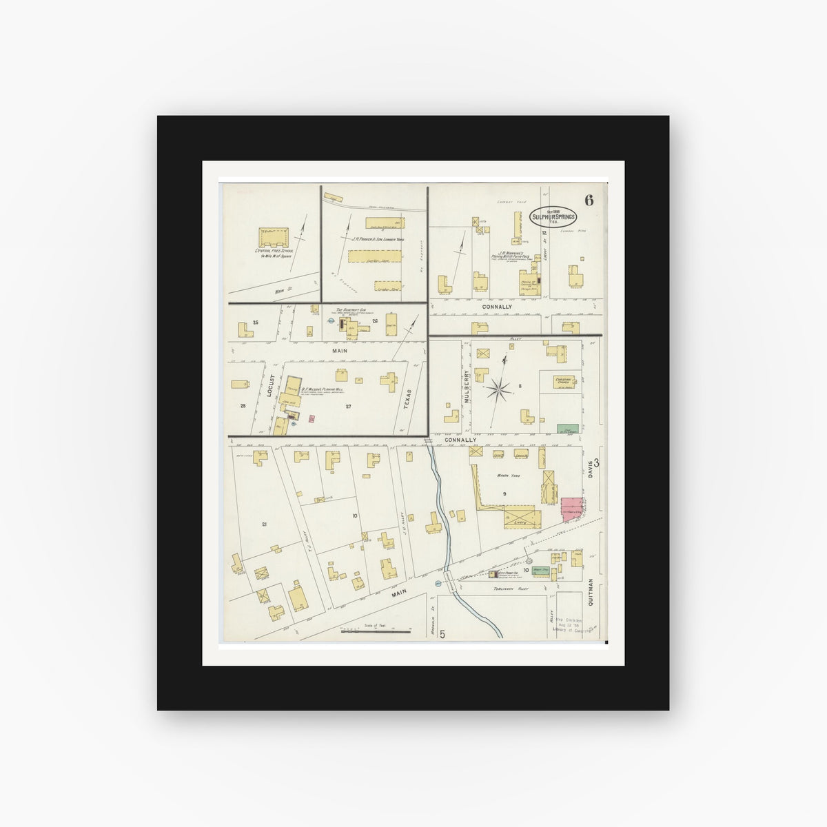 Old map wall art mockup — black gallery frame with white mat — Sanborn Fire Insurance Map from Sulphur Springs, Hopkins County, Texas (1898), Sheet #0006