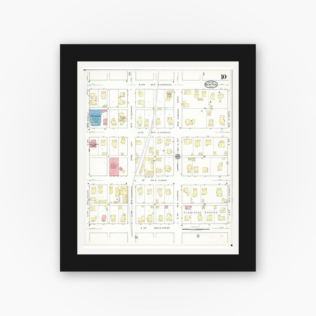 Old map wall art mockup — black gallery frame with white mat — Sanborn Fire Insurance Map from Newton, Jasper County, Iowa (1918), Sheet #0010
