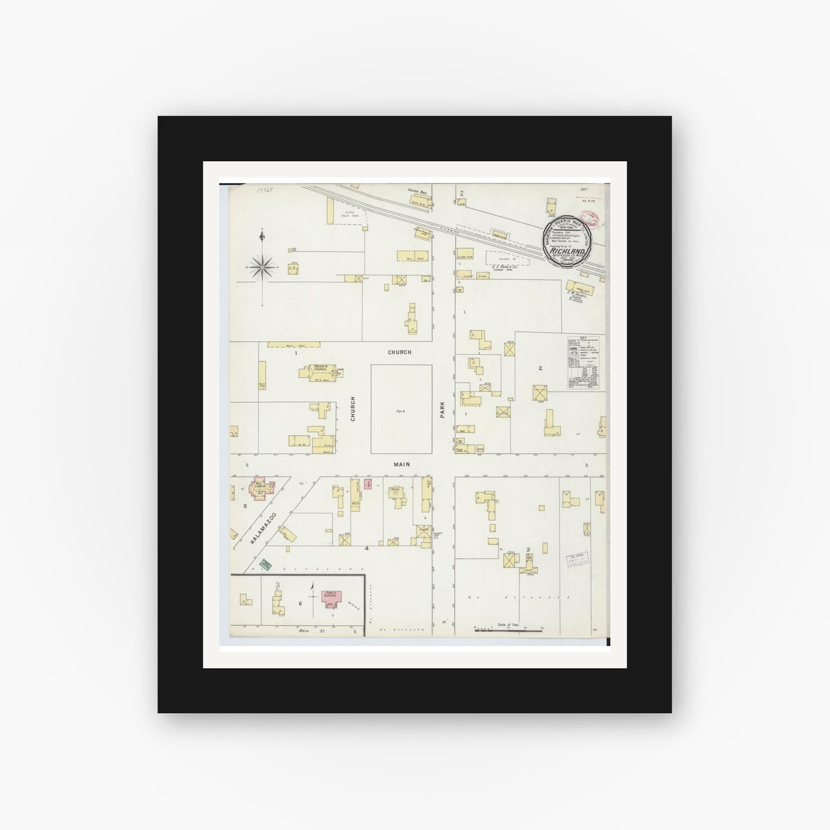 Old map wall art mockup — black gallery frame with white mat — Sanborn Fire Insurance Map from Richland, Kalamazoo County, Michigan (1895), Sheet #0001