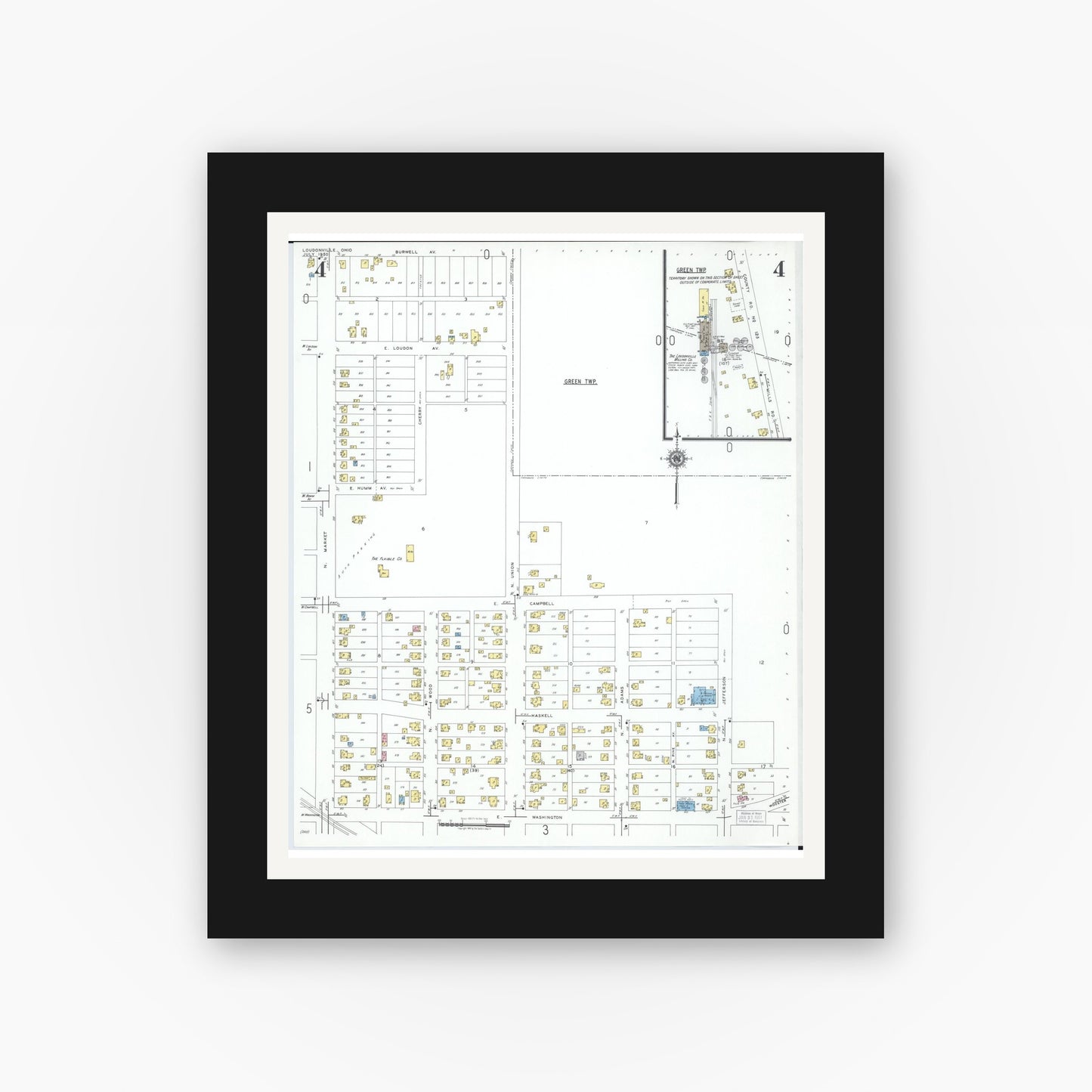 Old map wall art mockup — black gallery frame with white mat — Sanborn Fire Insurance Map from Loudonville, Ashland County, Ohio (1950), Sheet #0004