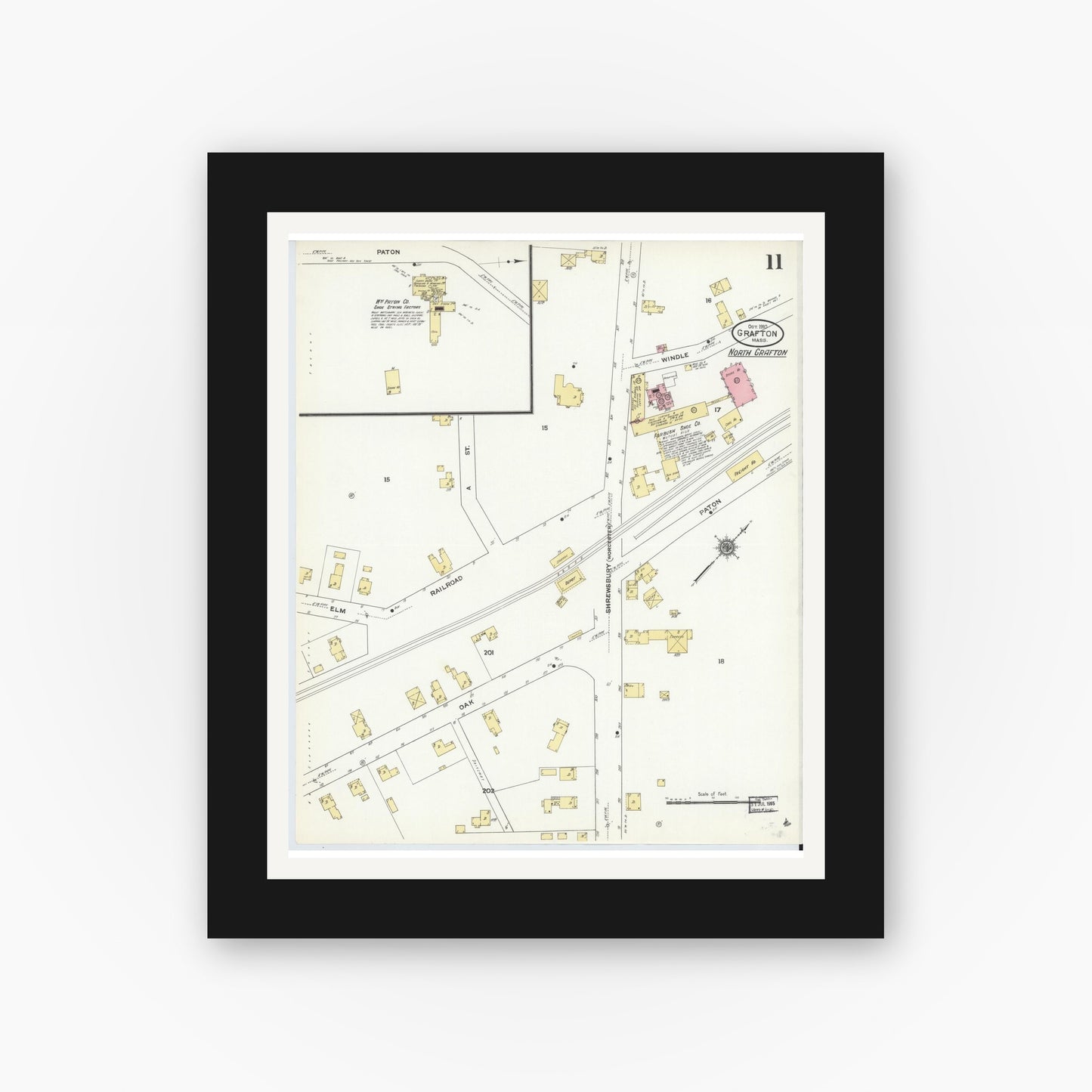 Old map wall art mockup — black gallery frame with white mat — Sanborn Fire Insurance Map from Grafton, Worcester County, Massachusetts (1910), Sheet #0011