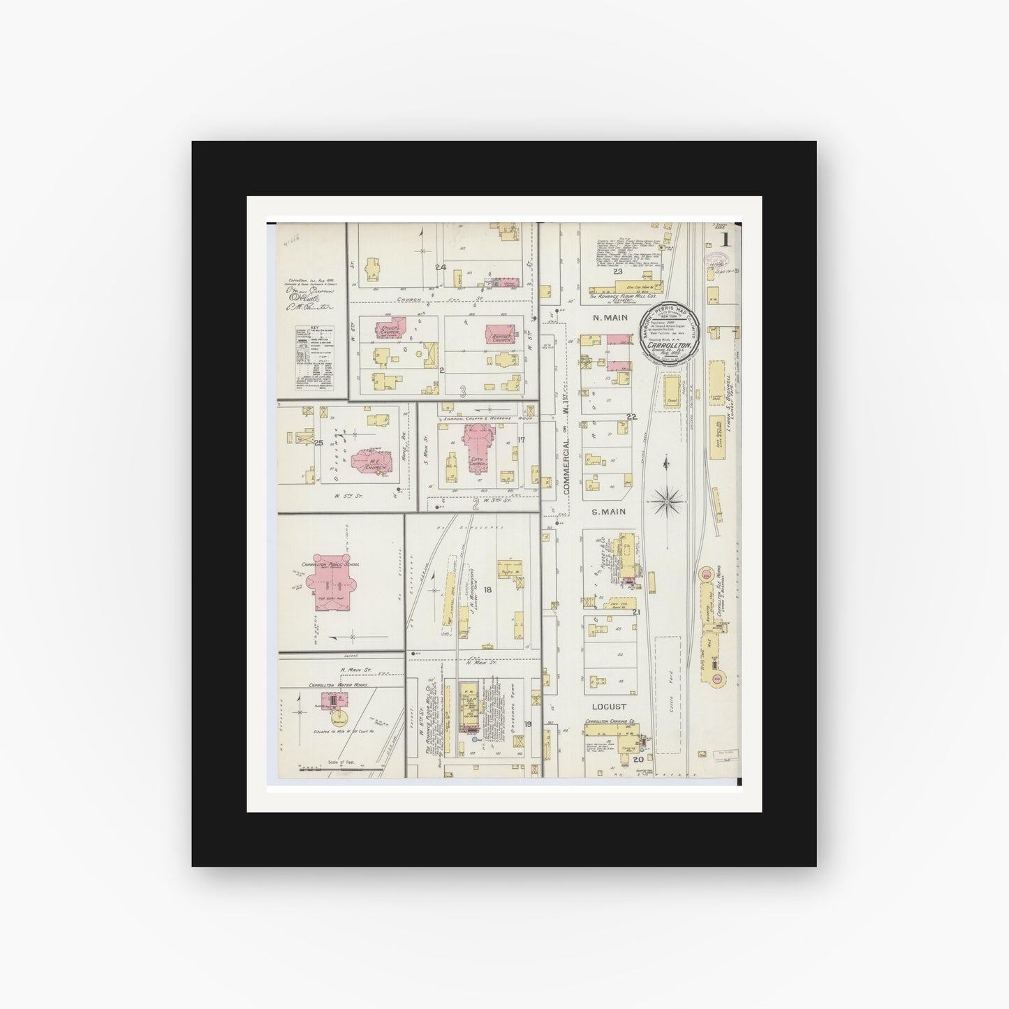 Old map wall art mockup — black gallery frame with white mat — Sanborn Fire Insurance Map from Carrollton, Greene County, Illinois (1893), Sheet #0001