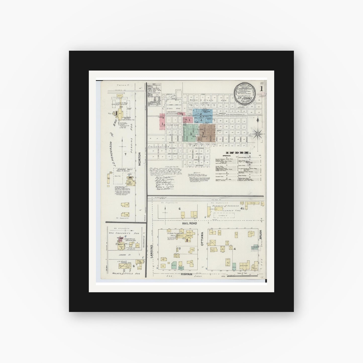 Old map wall art mockup — black gallery frame with white mat — Sanborn Fire Insurance Map from Saint Johns, Clinton County, Michigan (1890) - Complete Map Set