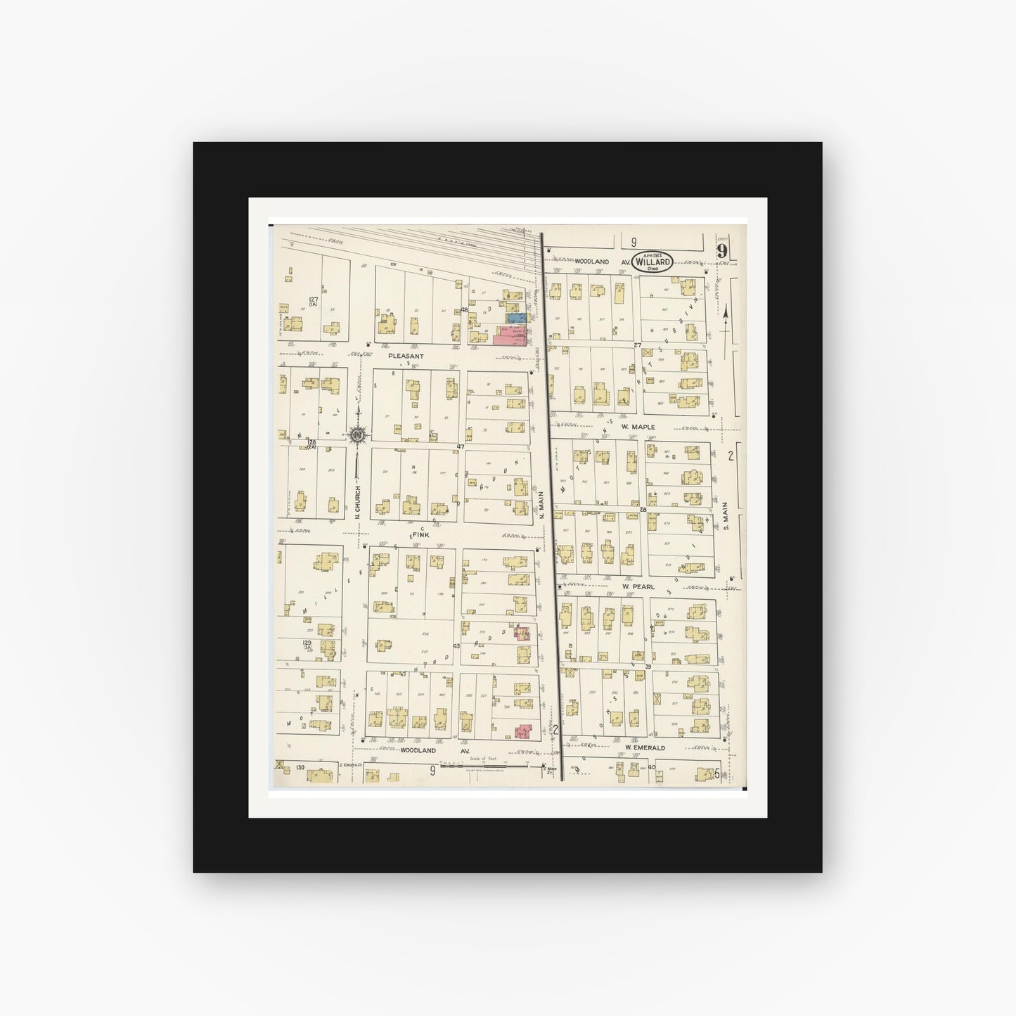 Old map wall art mockup — black gallery frame with white mat — Sanborn Fire Insurance Map from Willard, Huron County, Ohio (1922), Sheet #0009