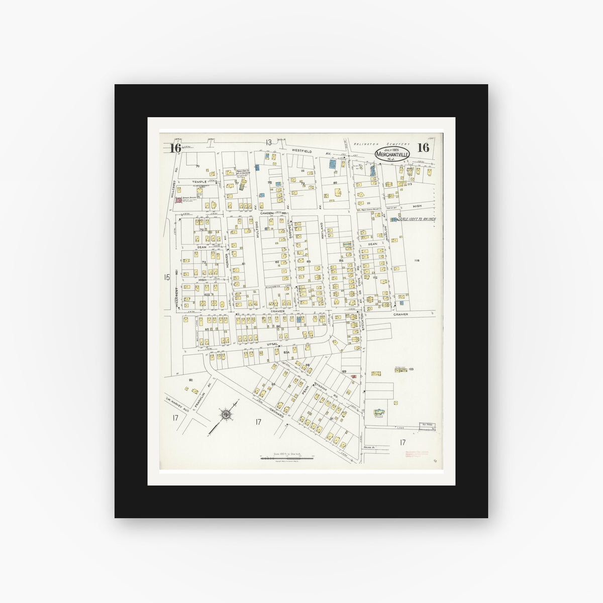 Old map wall art mockup — black gallery frame with white mat — Sanborn Fire Insurance Map from Merchantville, Camden County, New Jersey (1925), Sheet #0016