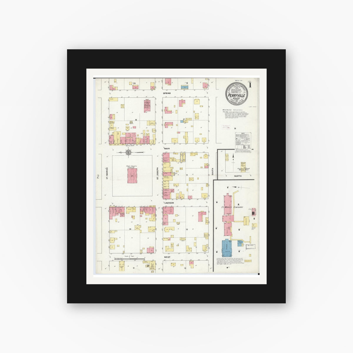 Old map wall art mockup — black gallery frame with white mat — Sanborn Fire Insurance Map from Perryville, Perry County, Missouri (1911), Sheet #0001