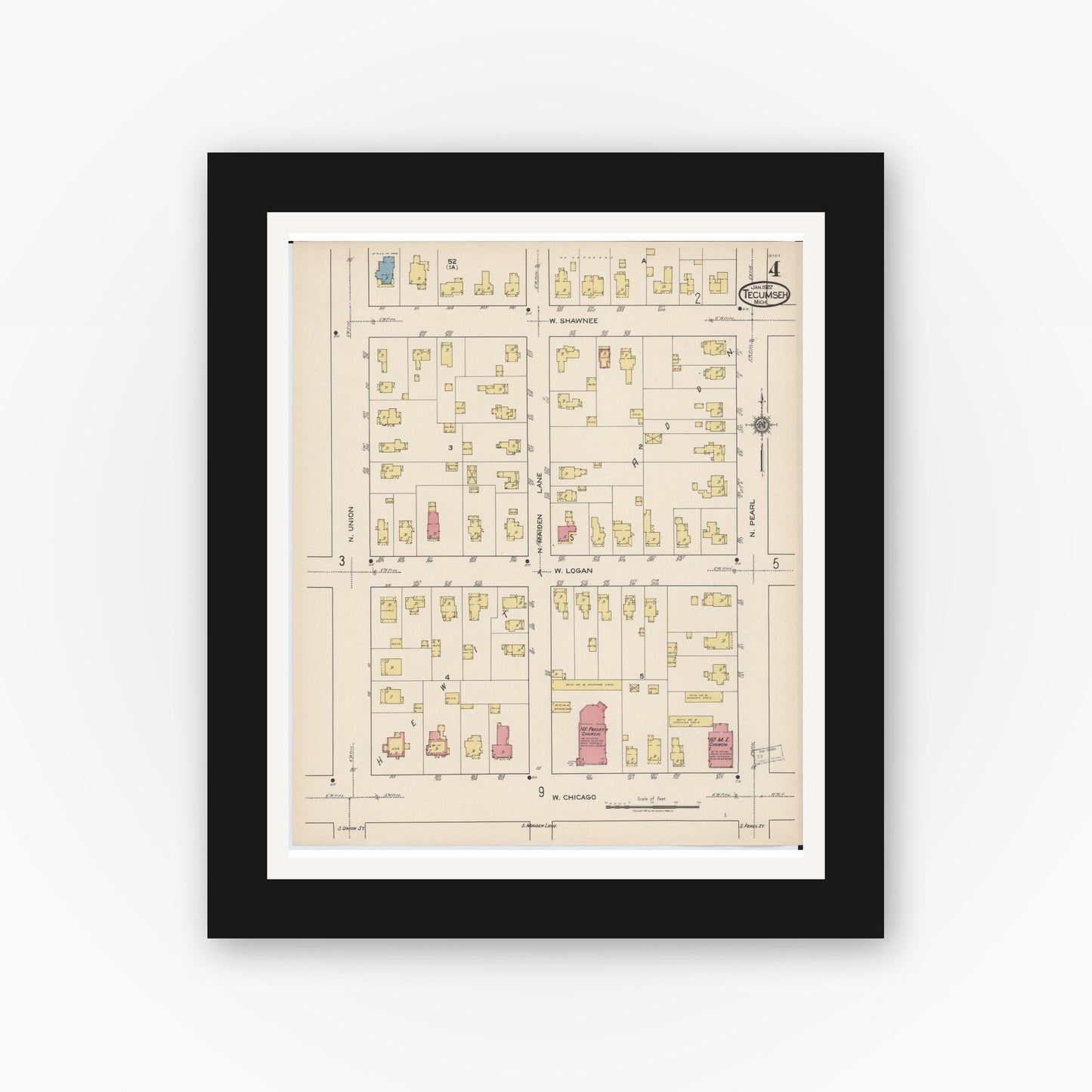 Old map wall art mockup — black gallery frame with white mat — Sanborn Fire Insurance Map from Tecumseh, Lenawee County, Michigan (1922), Sheet #0004