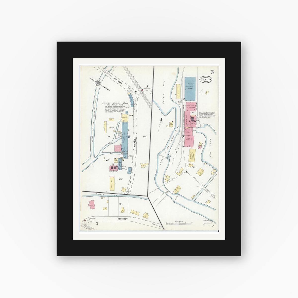 Old map wall art mockup — black gallery frame with white mat — Sanborn Fire Insurance Map from Canton, Norfolk County, Massachusetts (1911), Sheet #0003