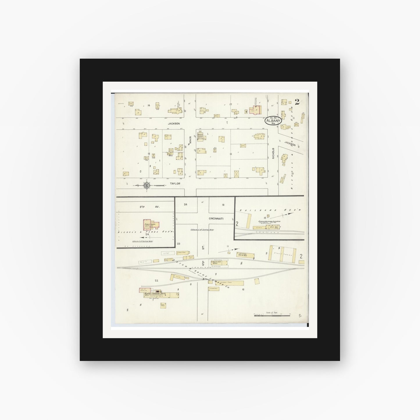 Old map wall art mockup — black gallery frame with white mat — Sanborn Fire Insurance Map from Albany, Green County, Wisconsin (1912), Sheet #0002