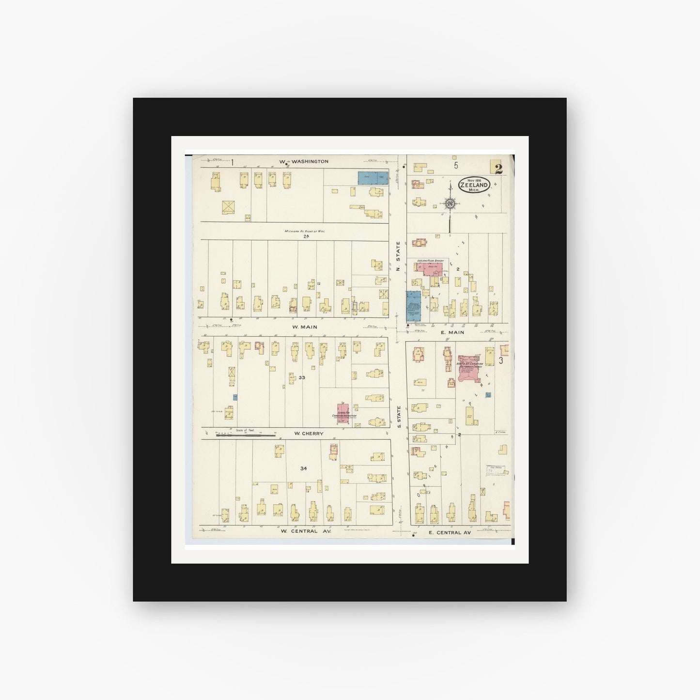 Old map wall art mockup — black gallery frame with white mat — Sanborn Fire Insurance Map from Zeeland, Ottawa County, Michigan (1916), Sheet #0002