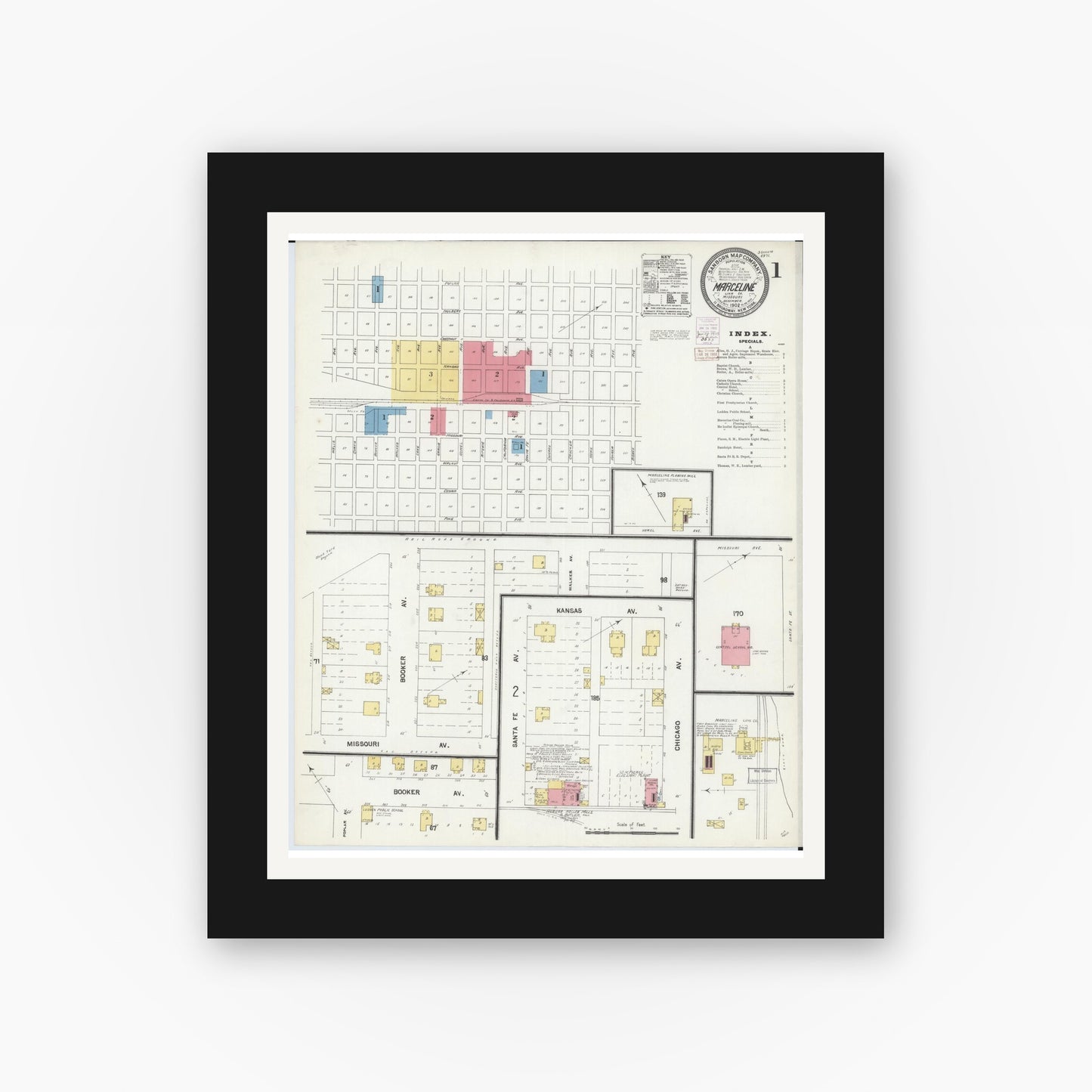 Old map wall art mockup — black gallery frame with white mat — Sanborn Fire Insurance Map from Marceline, Linn County, Missouri (1902) - Complete Map Set