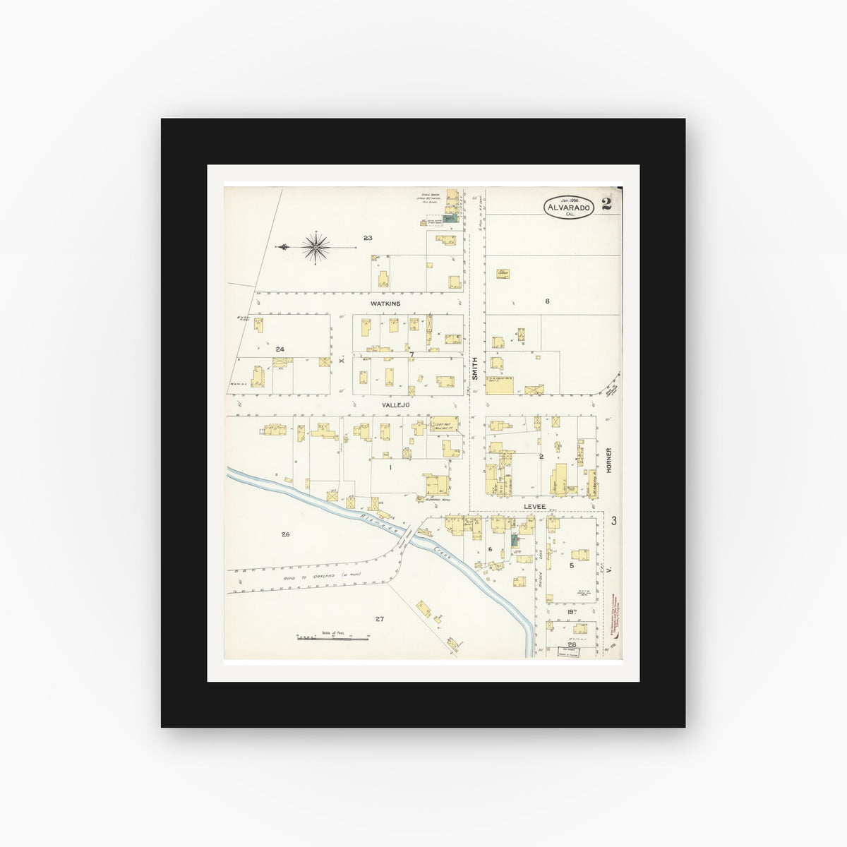 Old map wall art mockup — black gallery frame with white mat — Sanborn Fire Insurance Map from Alvarado, Alameda County, California (1896), Sheet #0002