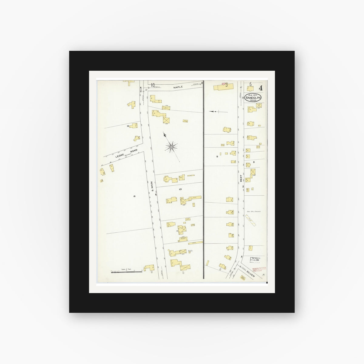 Old map wall art mockup — black gallery frame with white mat — Sanborn Fire Insurance Map from Randolph, Norfolk County, Massachusetts (1909), Sheet #0004