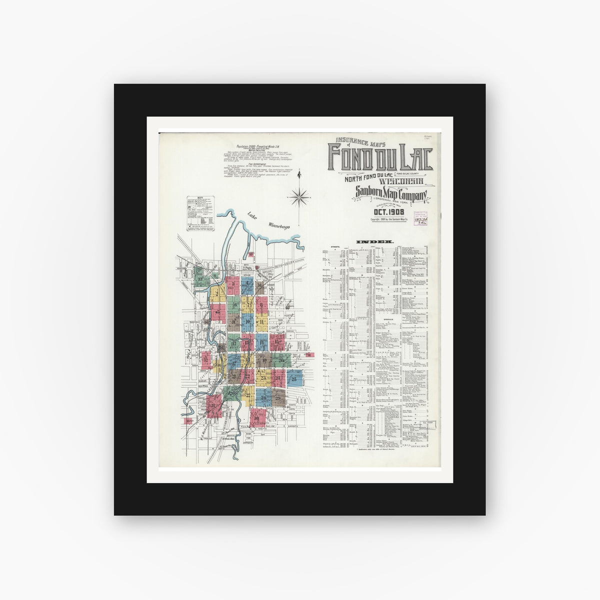 Old map wall art mockup — black gallery frame with white mat — Sanborn Fire Insurance Map from Fond du Lac, Fond du Lac County, Wisconsin (1908), Sheet #0001