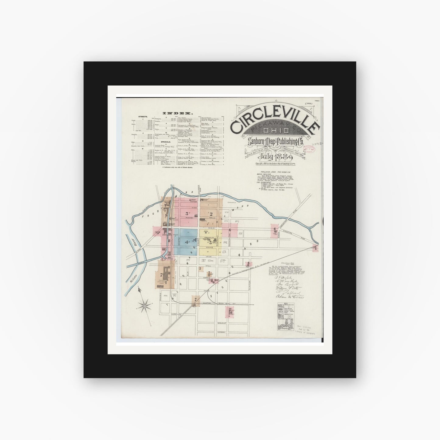 Old map wall art mockup — black gallery frame with white mat — Sanborn Fire Insurance Map from Circleville, Pickaway County, Ohio (1889) - Complete Map Set