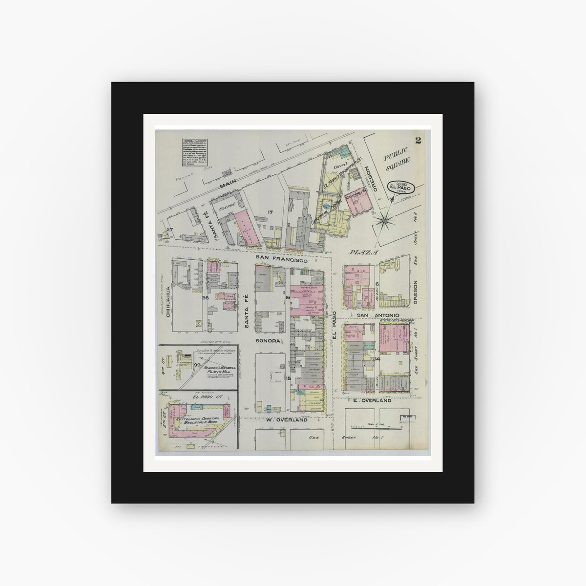 Old map wall art mockup — black gallery frame with white mat — Sanborn Fire Insurance Map from El Paso, El Paso County, Texas (1883), Sheet #0002