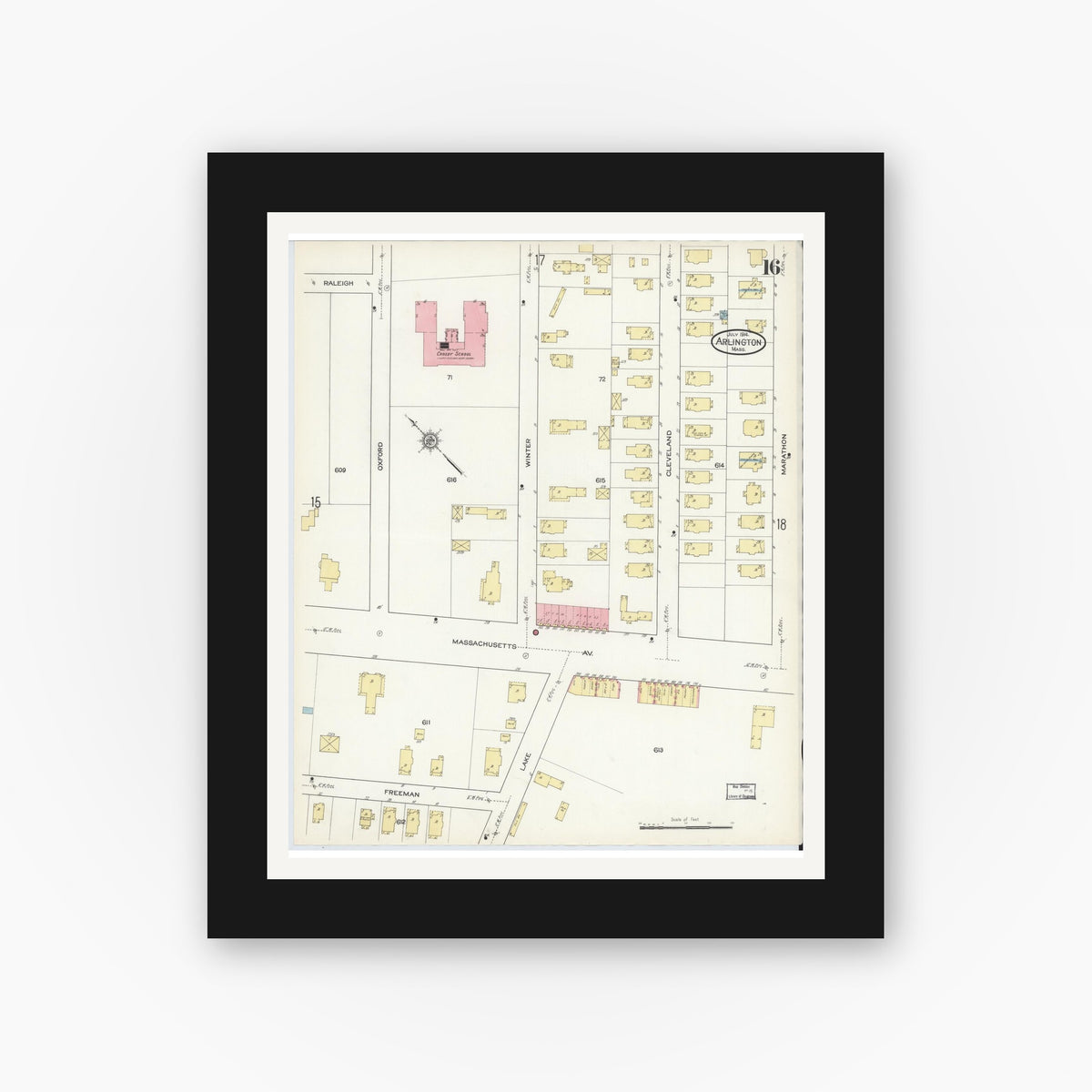 Old map wall art mockup — black gallery frame with white mat — Sanborn Fire Insurance Map from Arlington, Middlesex County, Massachusetts (1914), Sheet #0016