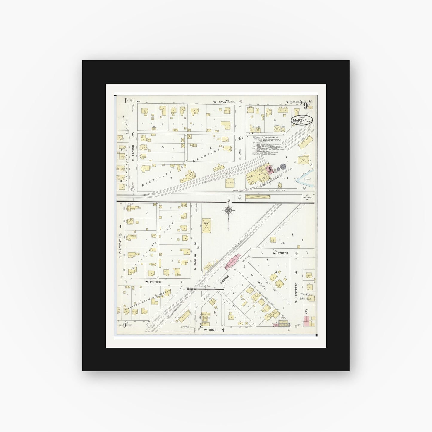Old map wall art mockup — black gallery frame with white mat — Sanborn Fire Insurance Map from Marshall, Saline County, Missouri (1910), Sheet #0009