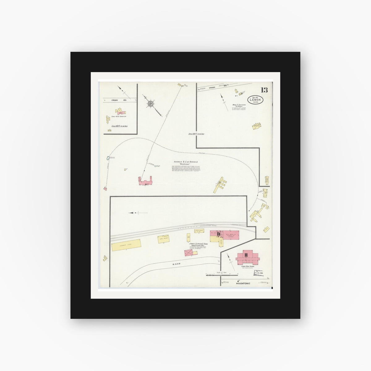 Old map wall art mockup — black gallery frame with white mat — Sanborn Fire Insurance Map from Lenox, Berkshire County, Massachusetts (1911), Sheet #0013