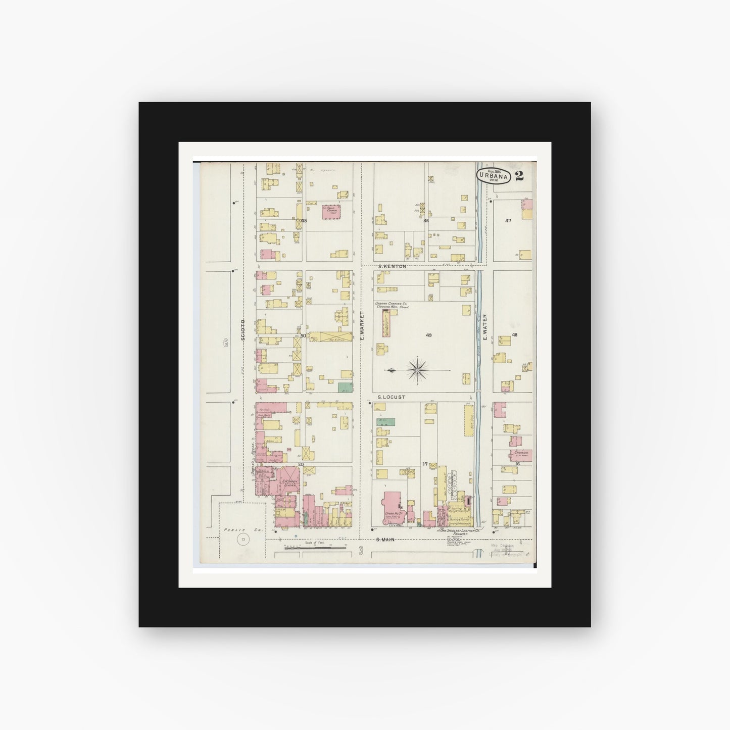 Old map wall art mockup — black gallery frame with white mat — Sanborn Fire Insurance Map from Urbana, Champaign County, Ohio (1895), Sheet #0002