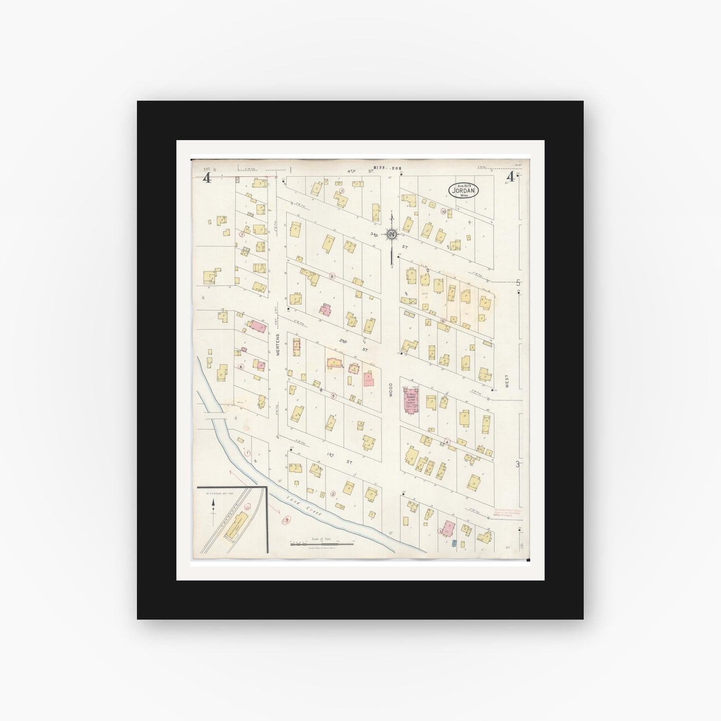 Old map wall art mockup — black gallery frame with white mat — Sanborn Fire Insurance Map from Jordan, Scott County, Minnesota (1933), Sheet #0004