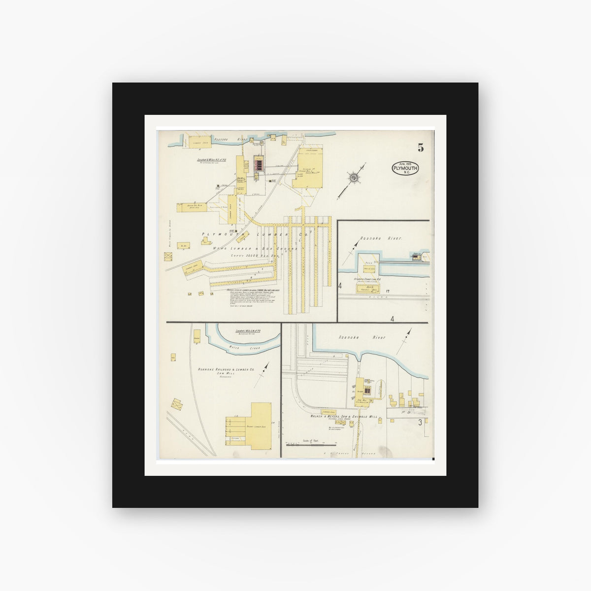 Old map wall art mockup — black gallery frame with white mat — Sanborn Fire Insurance Map from Plymouth, Washington County, North Carolina (1915), Sheet #0005