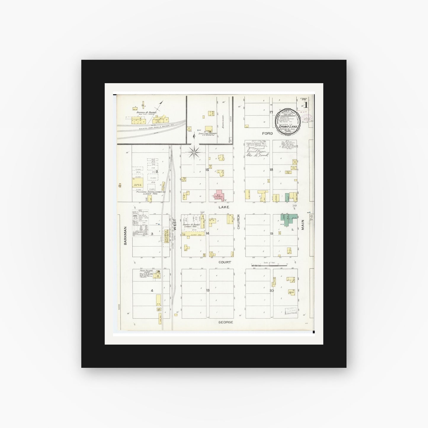 Old map wall art mockup β black gallery frame with white mat β Sanborn Fire Insurance Map from Spirit Lake, Dickinson County, Iowa (1893), Sheet #0001