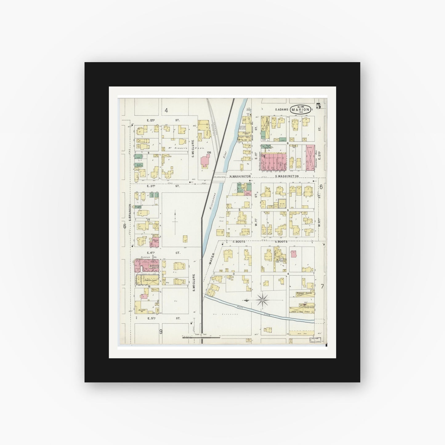 Old map wall art mockup — black gallery frame with white mat — Sanborn Fire Insurance Map from Marion, Grant County, Indiana (1896), Sheet #0005