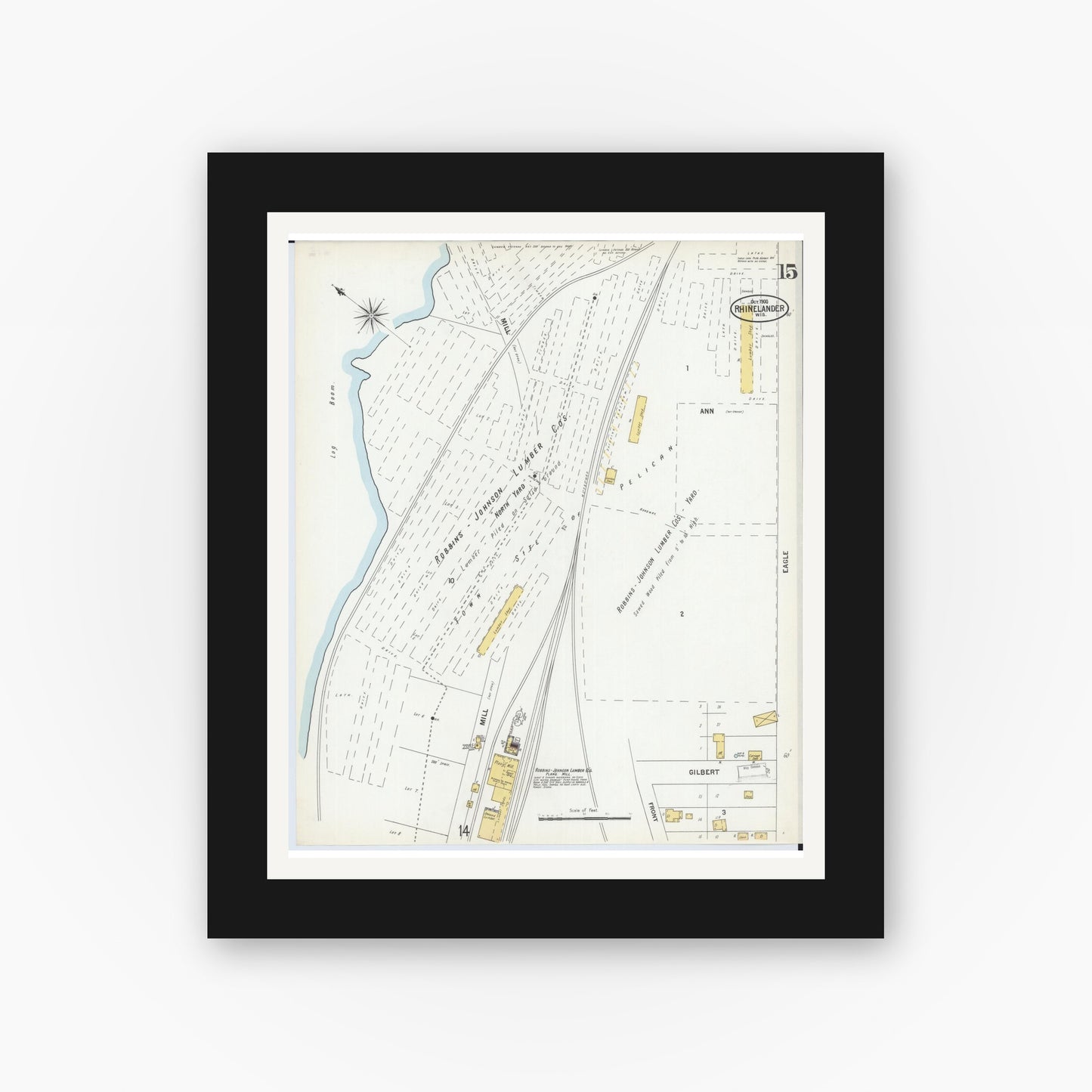 Old map wall art mockup — black gallery frame with white mat — Sanborn Fire Insurance Map from Rhinelander, Oneida County, Wisconsin (1900), Sheet #0015