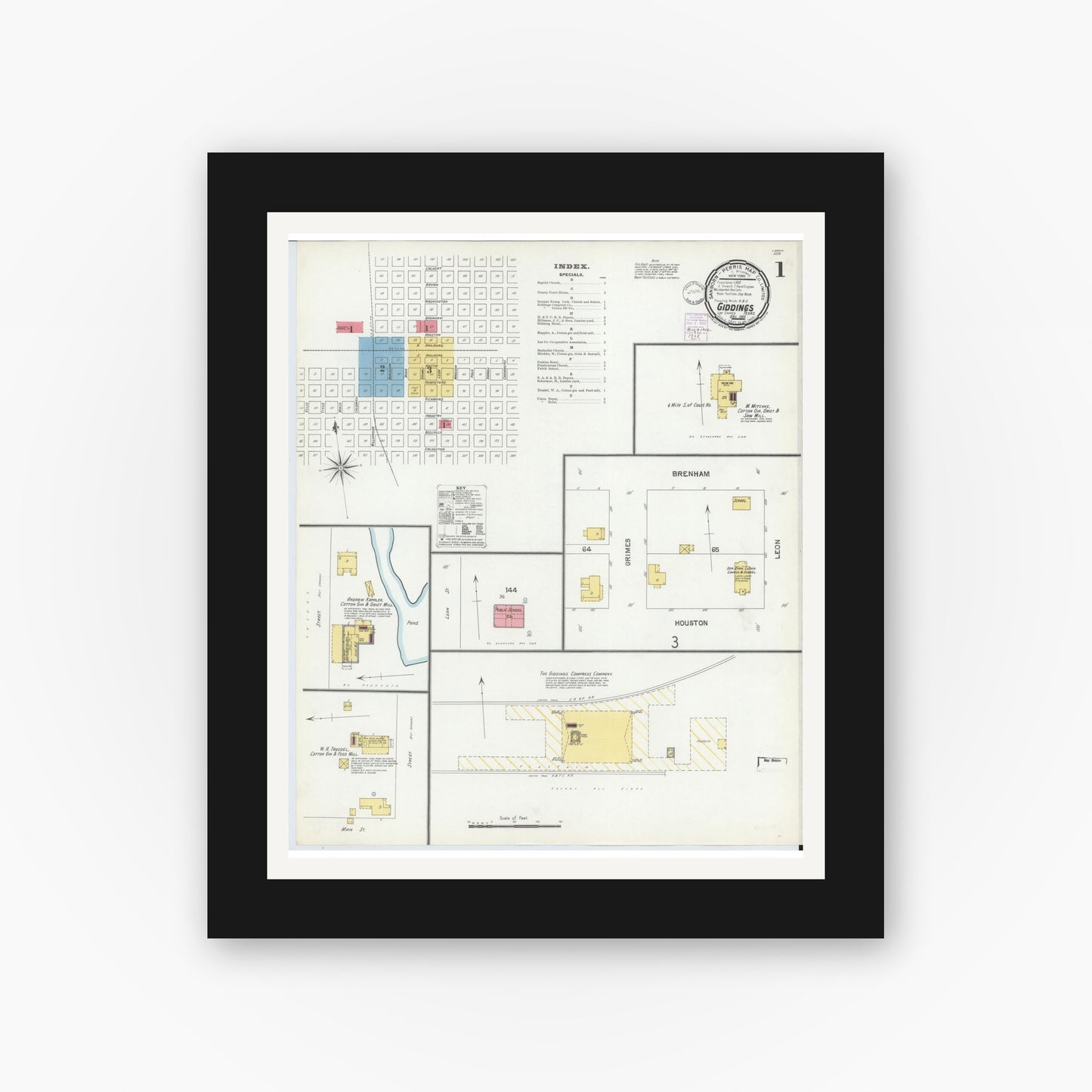 Old map wall art mockup — black gallery frame with white mat — Sanborn Fire Insurance Map from Giddings, Lee County, Texas (1901), Sheet #0001