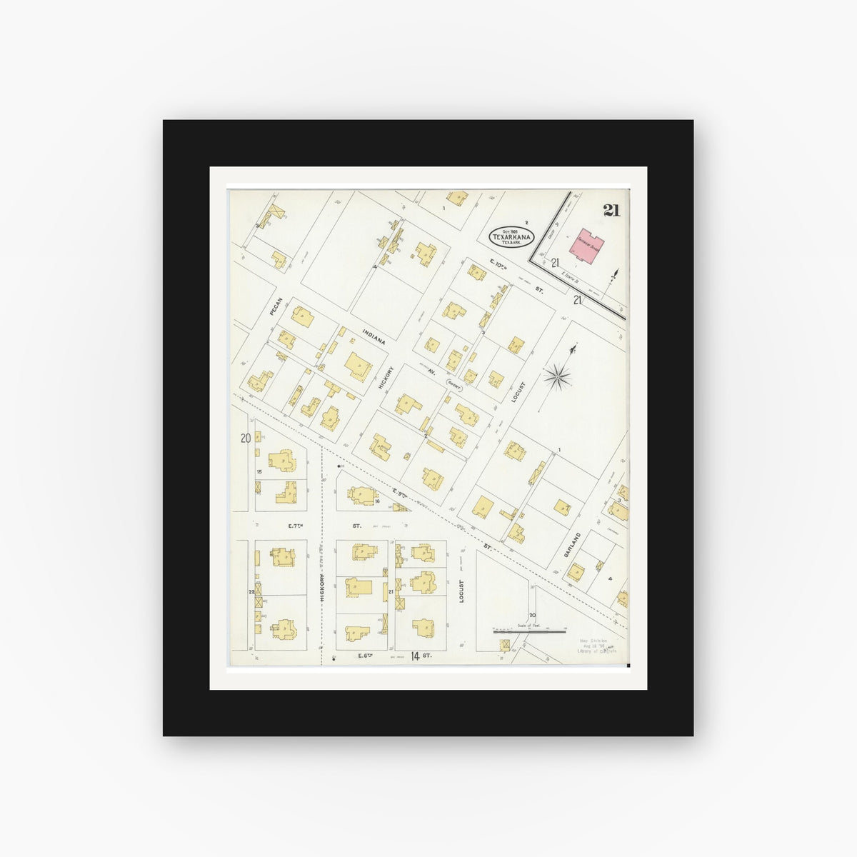 Old map wall art mockup — black gallery frame with white mat — Sanborn Fire Insurance Map from Texarkana, Bowie County, Texas (1905), Sheet #0021