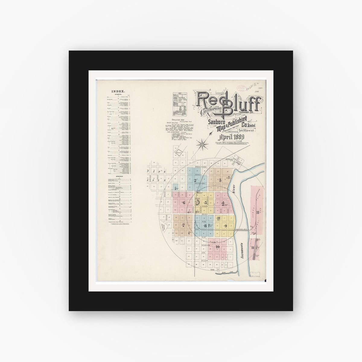 Old map wall art mockup — black gallery frame with white mat — Sanborn Fire Insurance Map from Red Bluff, Tehama County, California (1889) - Complete Map Set