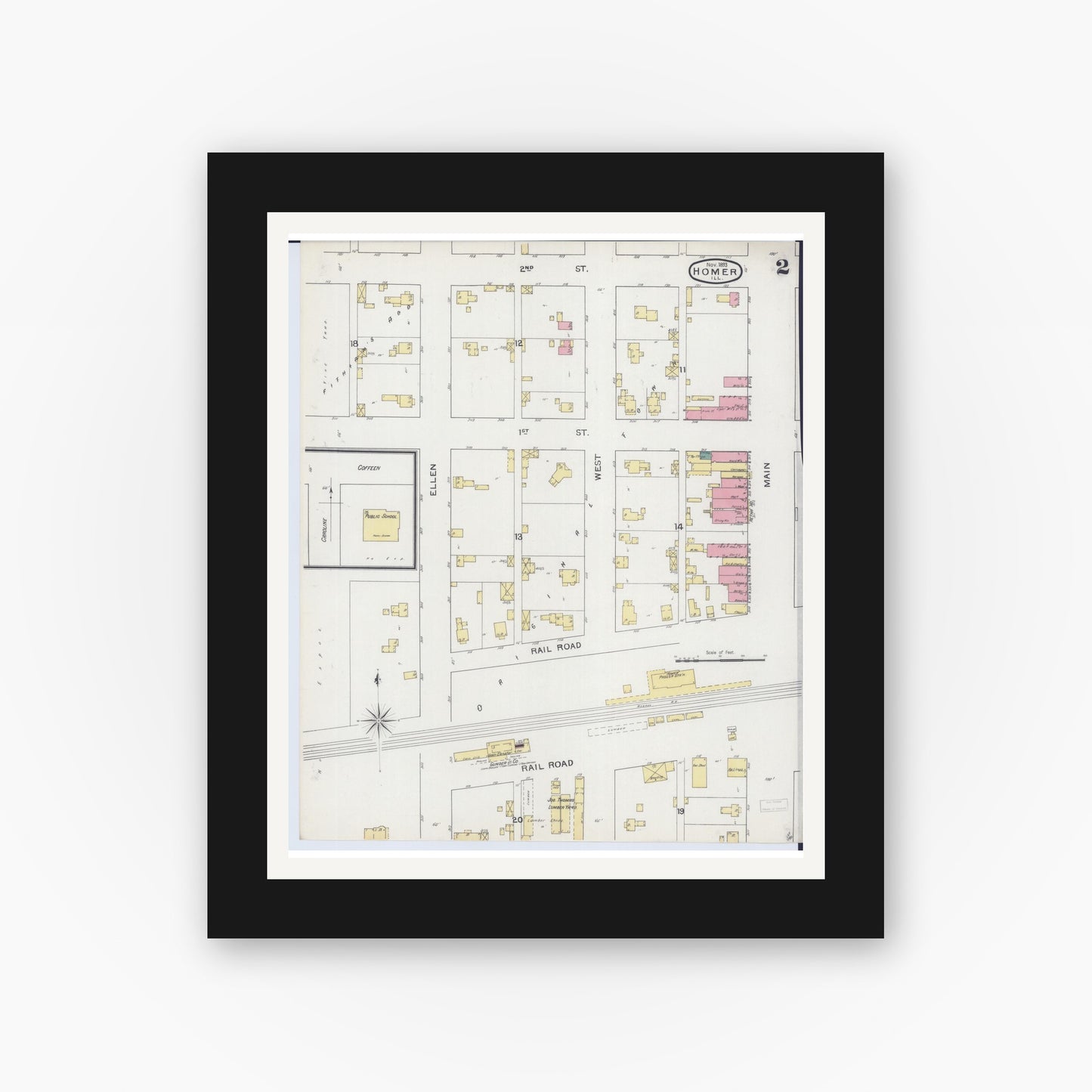 Old map wall art mockup — black gallery frame with white mat — Sanborn Fire Insurance Map from Homer, Champaign County, Illinois (1893), Sheet #0002