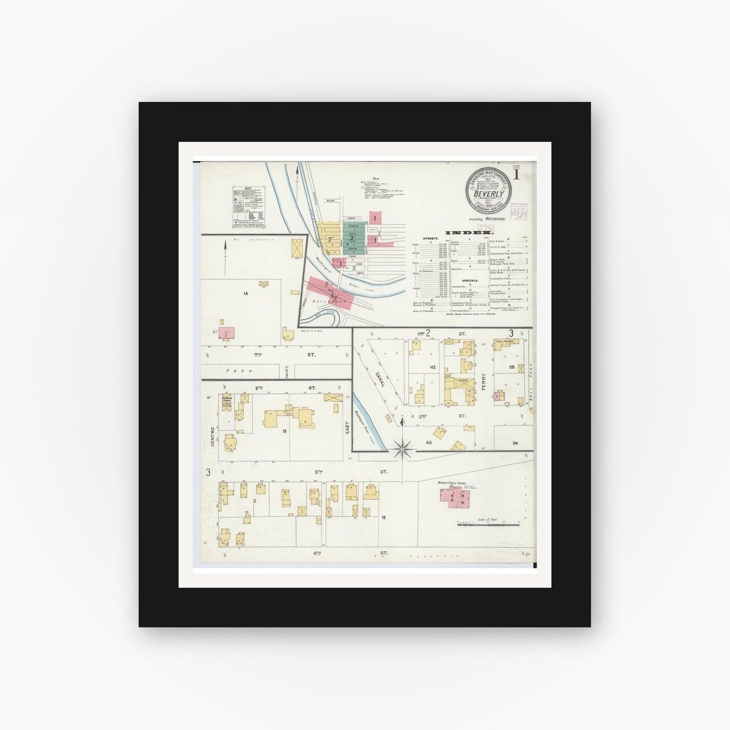 Old map wall art mockup — black gallery frame with white mat — Sanborn Fire Insurance Map from Beverly, Washington County, Ohio (1905), Sheet #0001