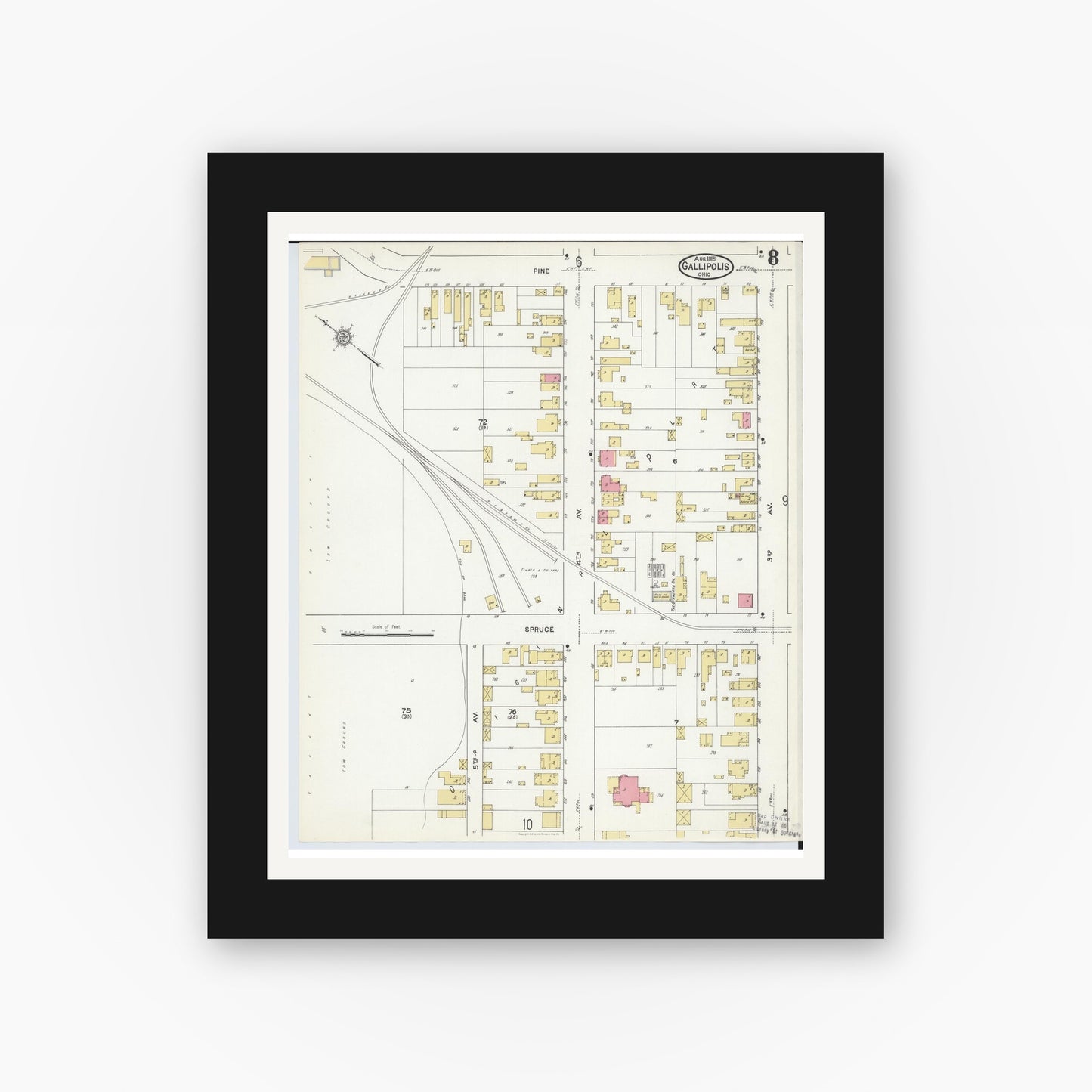 Old map wall art mockup — black gallery frame with white mat — Sanborn Fire Insurance Map from Gallipolis, Gallia County, Ohio (1916), Sheet #0008