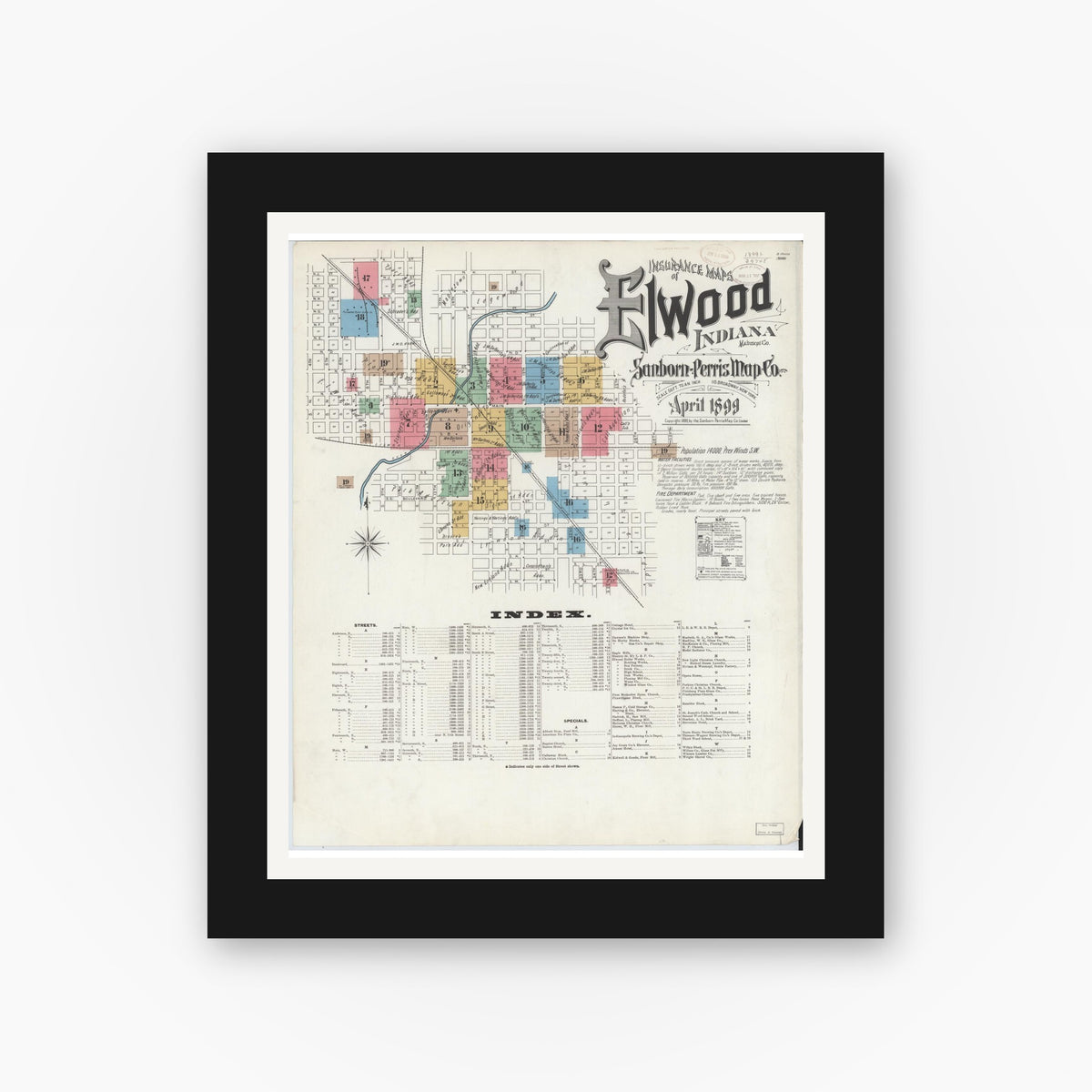 Old map wall art mockup — black gallery frame with white mat — Sanborn Fire Insurance Map from Elwood, Madison County, Indiana (1899) - Complete Map Set