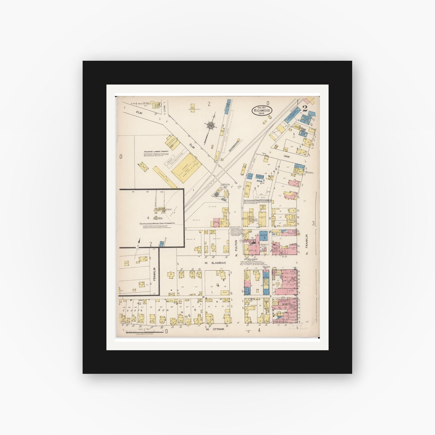 Old map wall art mockup — black gallery frame with white mat — Sanborn Fire Insurance Map from Richwood, Union County, Ohio (1921), Sheet #0002