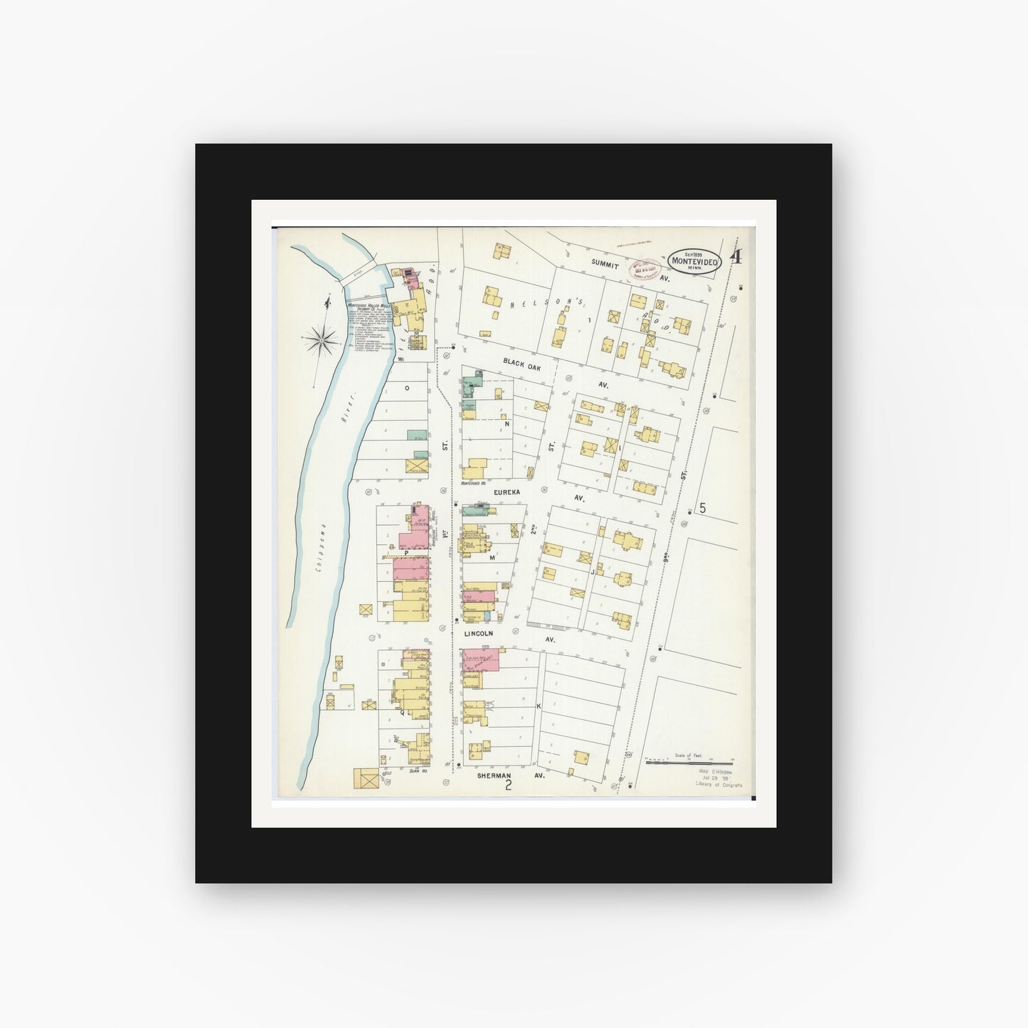 Old map wall art mockup — black gallery frame with white mat — Sanborn Fire Insurance Map from Montevideo, Chippewa County, Minnesota (1899), Sheet #0004