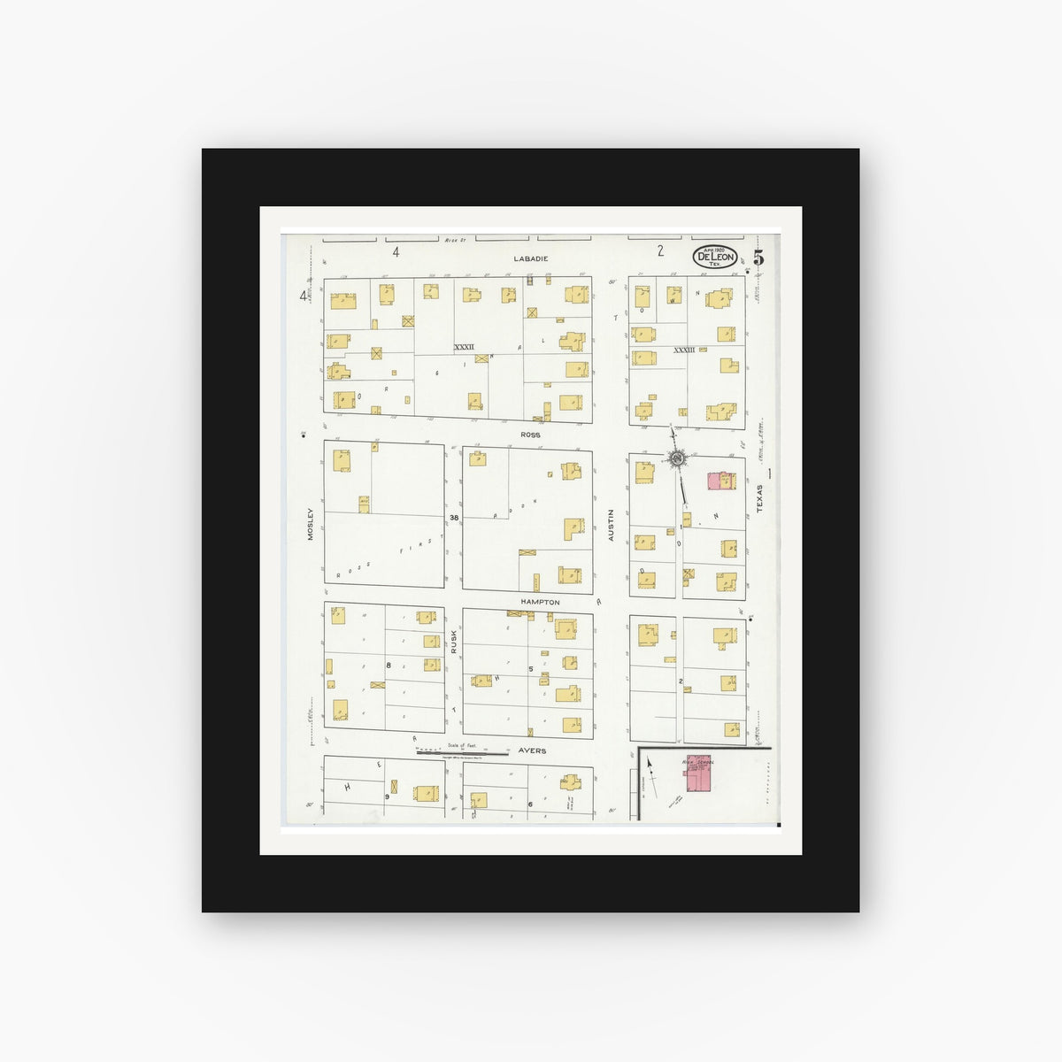 Old map wall art mockup — black gallery frame with white mat — Sanborn Fire Insurance Map from De Leon, Comanche County, Texas (1920), Sheet #0005