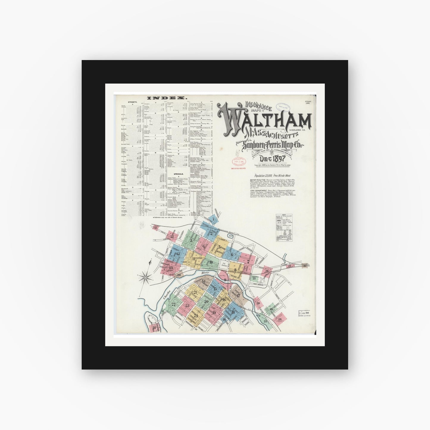 Old map wall art mockup — black gallery frame with white mat — Sanborn Fire Insurance Map from Waltham, Middlesex County, Massachusetts (1897), Sheet #0001