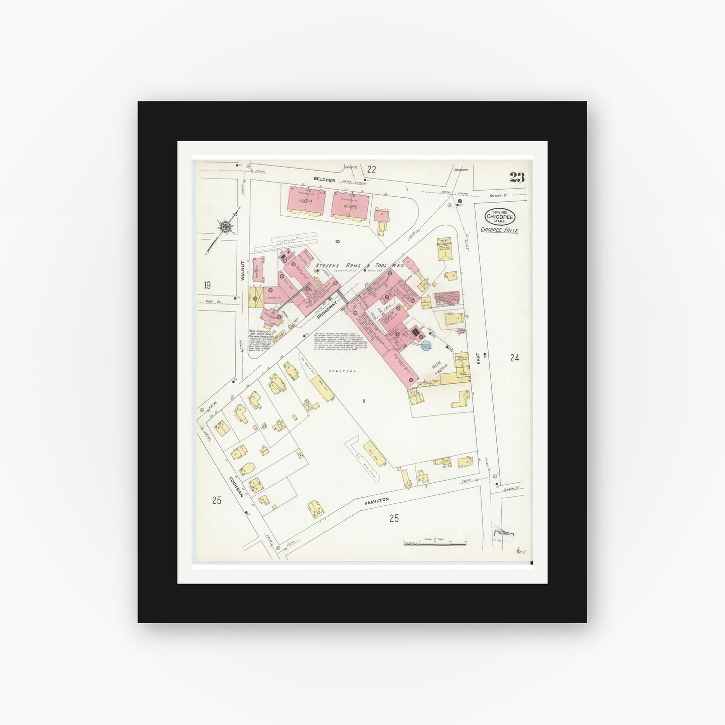 Old map wall art mockup — black gallery frame with white mat — Sanborn Fire Insurance Map from Chicopee, Hampden County, Massachusetts (1910), Sheet #0023