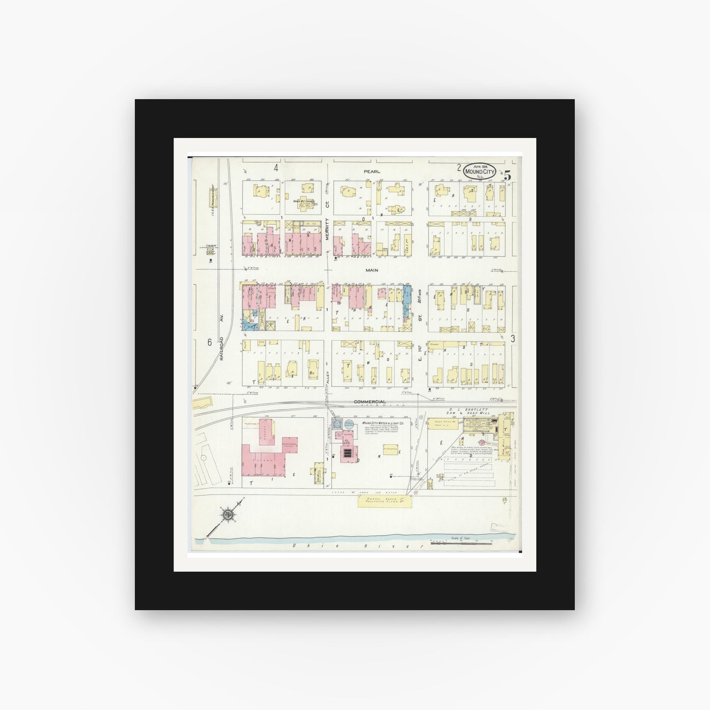 Old map wall art mockup — black gallery frame with white mat — Sanborn Fire Insurance Map from Mound City, Pulaski County, Illinois (1914), Sheet #0005