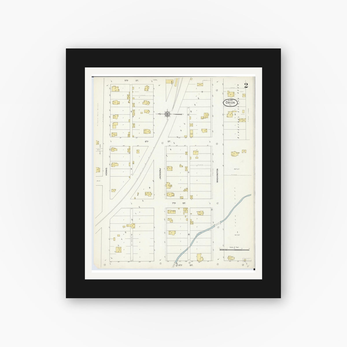 Old map wall art mockup — black gallery frame with white mat — Sanborn Fire Insurance Map from Orion, Henry County, Illinois (1913), Sheet #0002