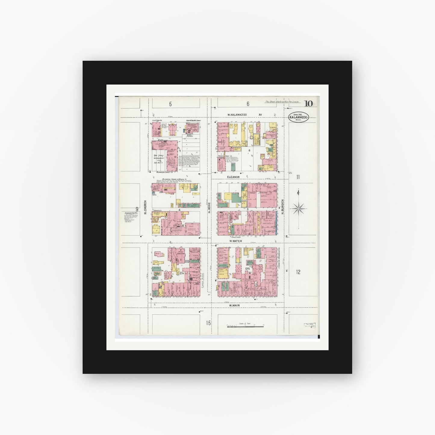 Old map wall art mockup — black gallery frame with white mat — Sanborn Fire Insurance Map from Kalamazoo, Kalamazoo County, Michigan (1902), Sheet #0010