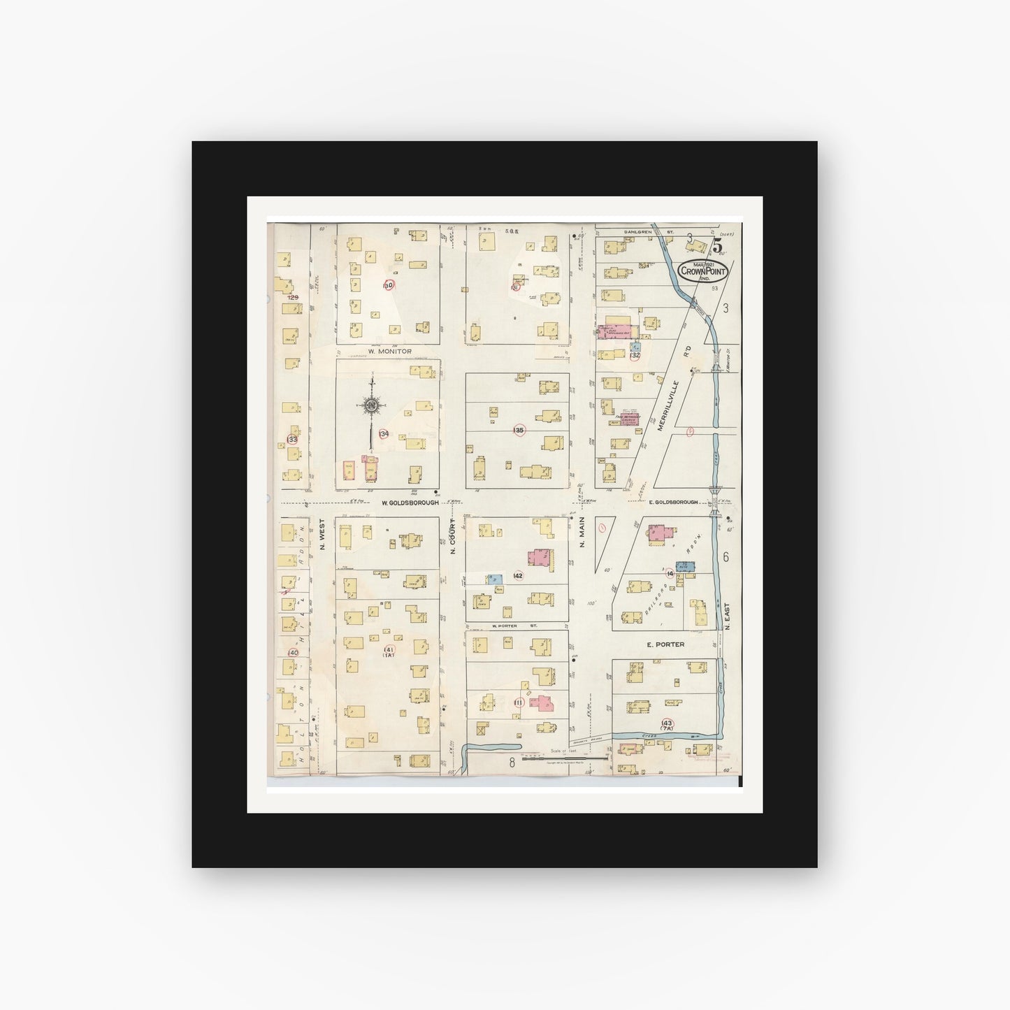 Old map wall art mockup — black gallery frame with white mat — Sanborn Fire Insurance Map from Crown Point, Lake County, Indiana (1948), Sheet #0005